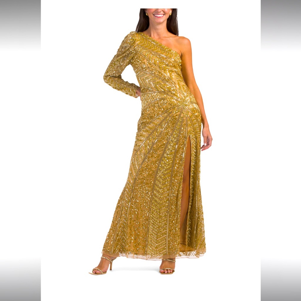 Mac Duggal One Sleeve Embellished Illusion Gold Gown